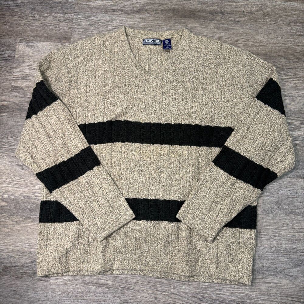 Structure Vintage 100% Lambswool V Neck Sweater Men's XL Gray Black Striped